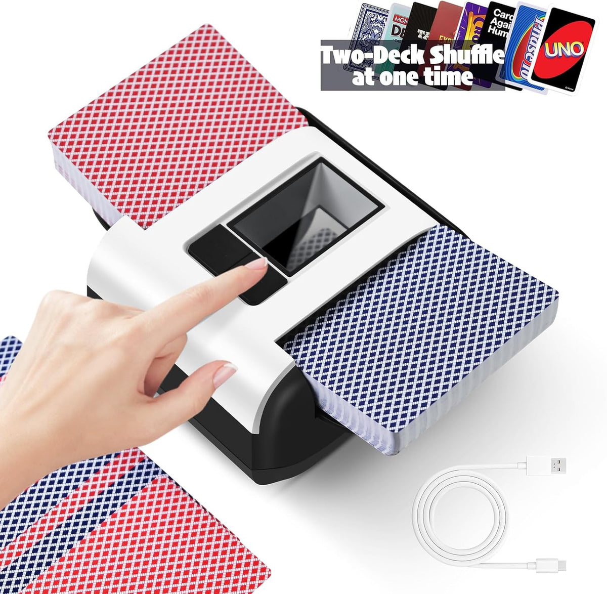 Quiet Rechargeable Automatic Card Shuffler for Two Decks with One-Touch Operation and Long Battery Life - PuriLite