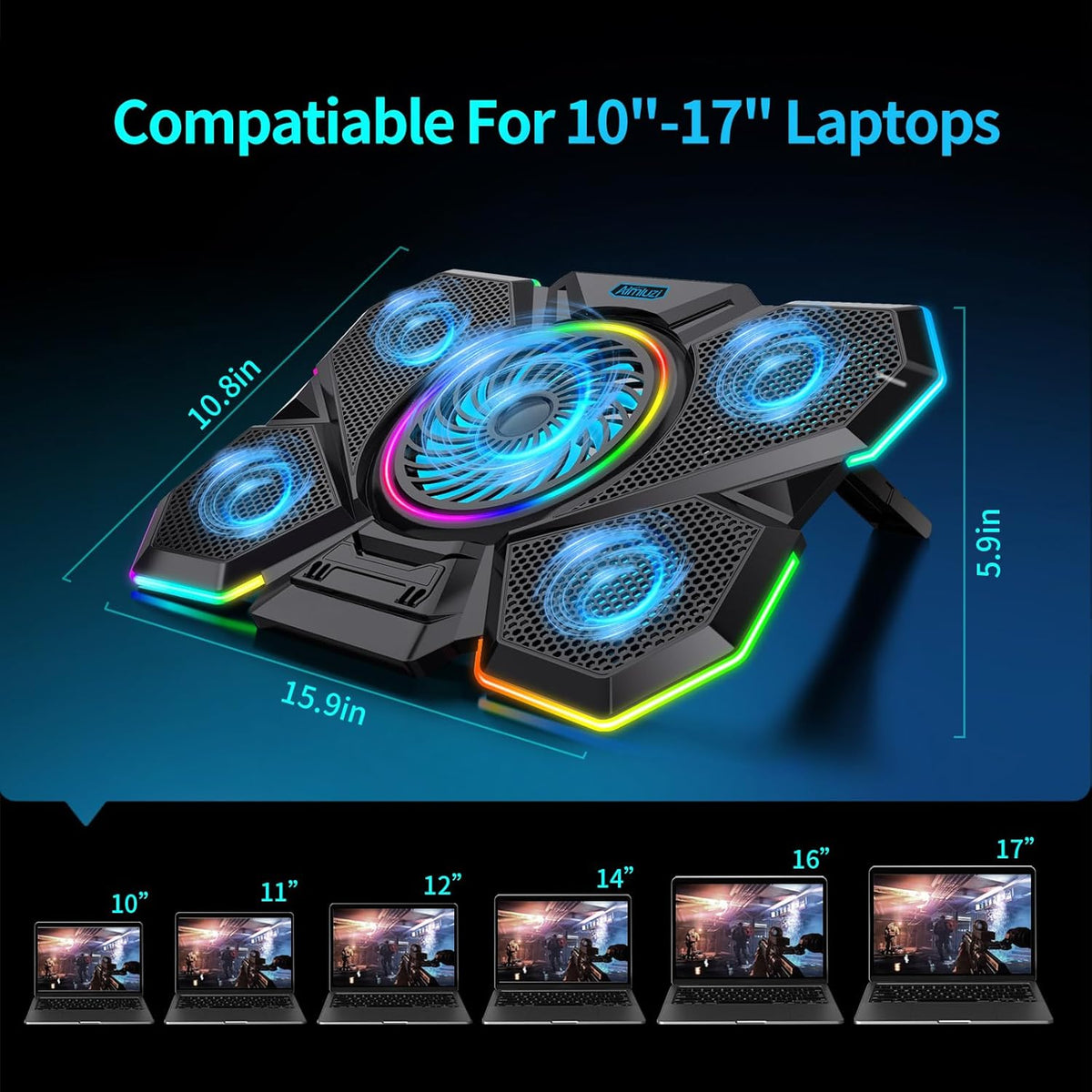 Laptop Cooling Pad, Gaming Laptop Cooler with 5 Quiet Fans and LED Lights (One-Click Close), Laptop Fan Cooling Pad Fits 12-17 Inch Laptop, 7 Adjustable Height - PuriLite
