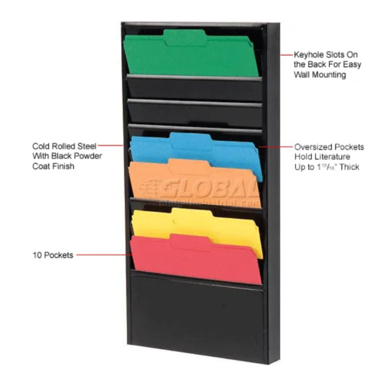 Global Industrial™ 10 Pockets - Medical Chart Hanging Wall File Holder - Black - PuriLite