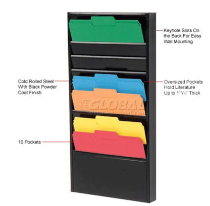 Global Industrial™ 10 Pockets - Medical Chart Hanging Wall File Holder - Black - PuriLite