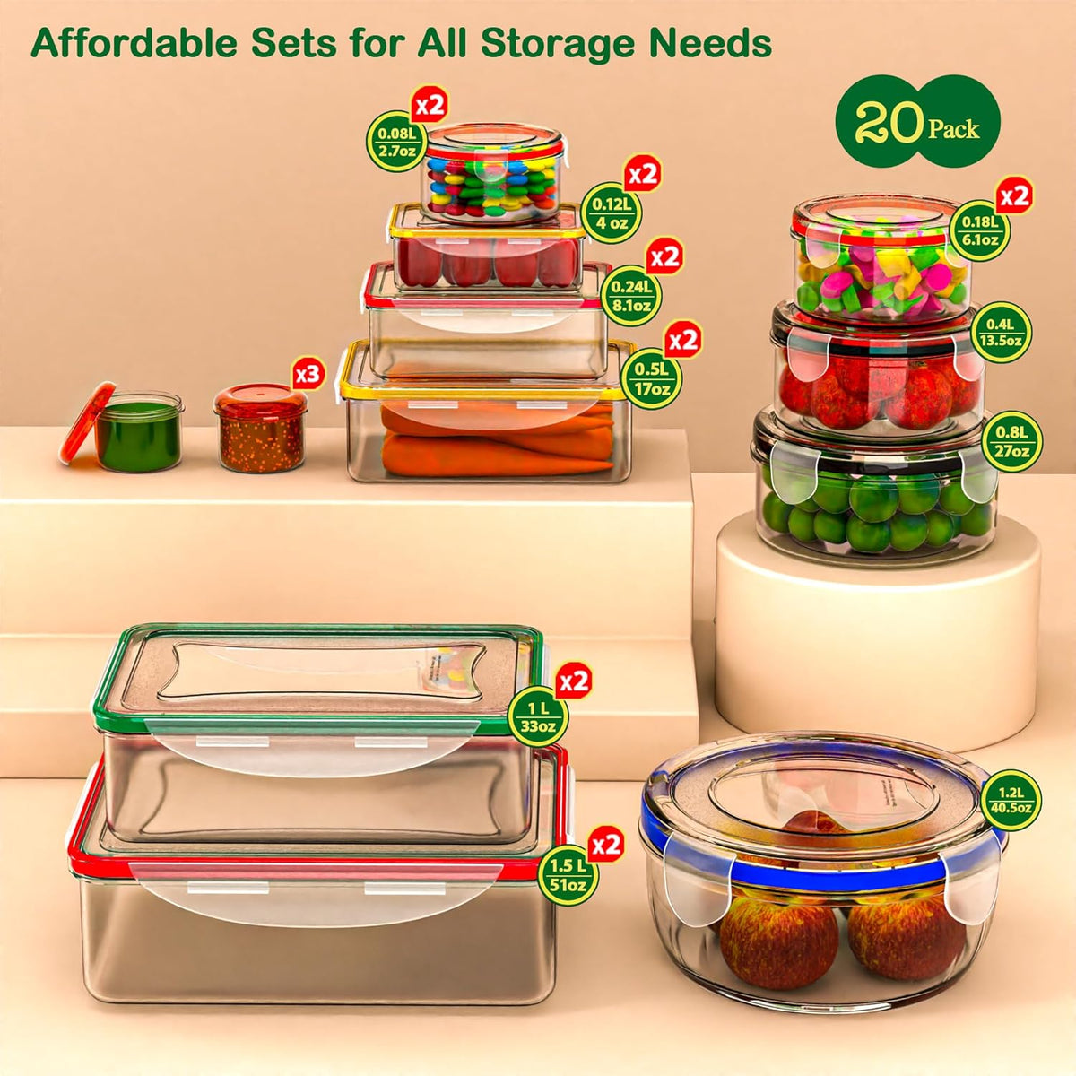 40 Pcs Food Storage Containers with Lids Airtight- Plastic Meal Prep Container for Pantry Kitchen Organization, Microwave, Dishwasher, Freezer Safe -100% Leak Proof (20 Stackable Boxes-20 Lids) - PuriLite