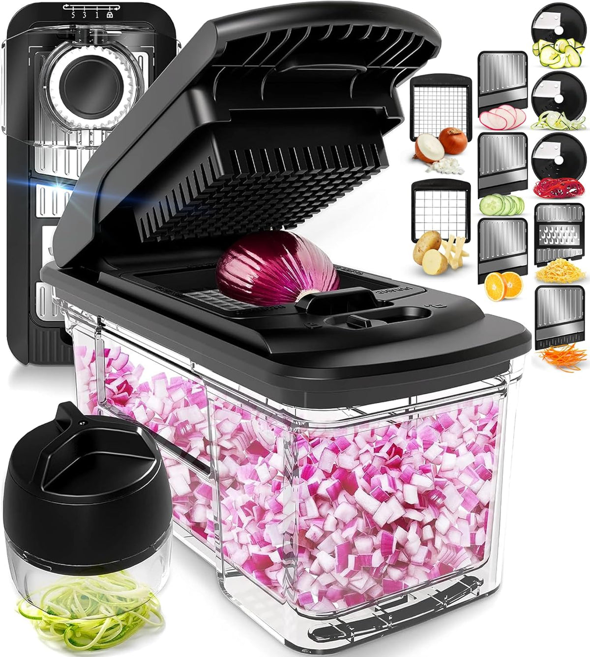 Vegetable Chopper Cutter Mandoline Slicer Cheese Grater - Food Onion Salad Veggie Chopper with Container - French Fry Potato Dicer Slicer Cutter - Kitchen Tools Gadgets (All-in-1 Steel Black) - PuriLite