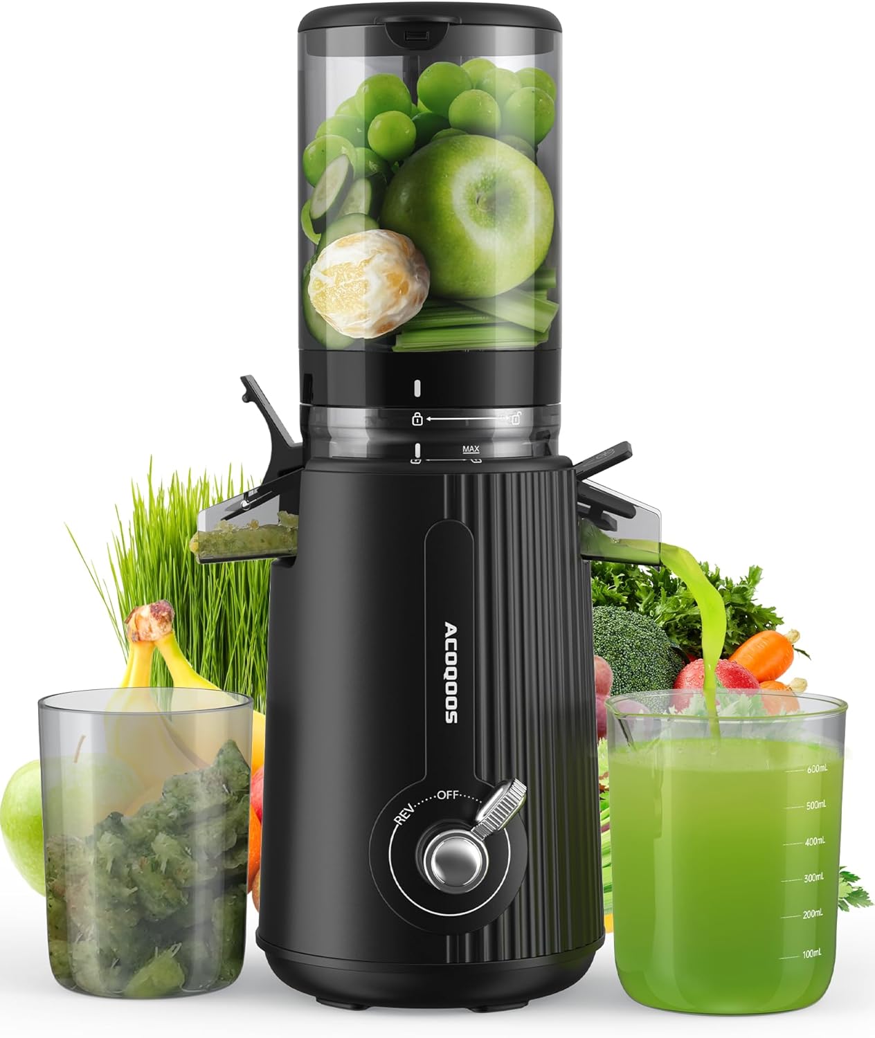 ACOQOOS Juicer Machines, Cold Press Juicer Whole Fruit and Vegetable with 4.3" Feeding Chute, Easy to Clean Juicers with 2 Cups, Masticating Juicer Black - PuriLite