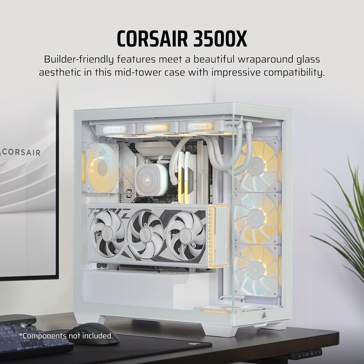 CORSAIR 3500X Mid-Tower ATX PC Case – Panoramic Tempered Glass – Reverse Connection Motherboard Compatible – No Fans Included – White - PuriLite