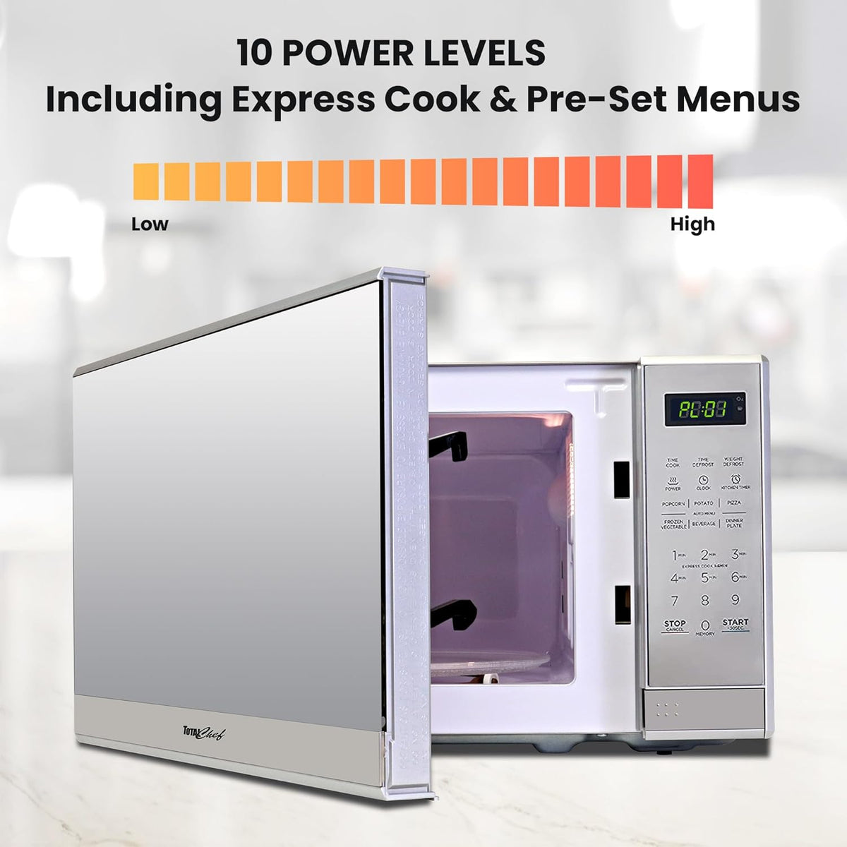 Total Chef Compact Countertop Microwave Oven 700W 0.7 Cubic Feet Capacity Digital Touchscreen Controls One-Touch Push-Button Opening 6 Pre-Set Cooking Modes Silver Stainless Steel - PuriLite