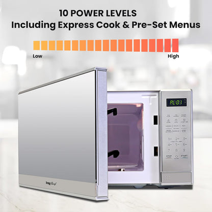 Total Chef Compact Countertop Microwave Oven 700W 0.7 Cubic Feet Capacity Digital Touchscreen Controls One-Touch Push-Button Opening 6 Pre-Set Cooking Modes Silver Stainless Steel - PuriLite