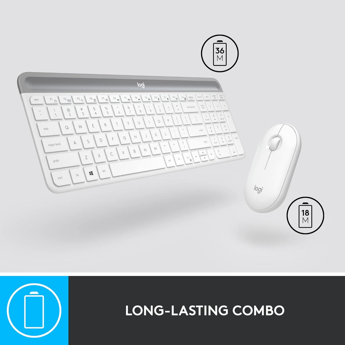 Logitech MK470 Slim Wireless Keyboard and Mouse Combo - Modern Compact Layout, Ultra Quiet, 2.4 GHz USB Receiver, Plug n' Play Connectivity, Compatible with Windows - Off White - PuriLite