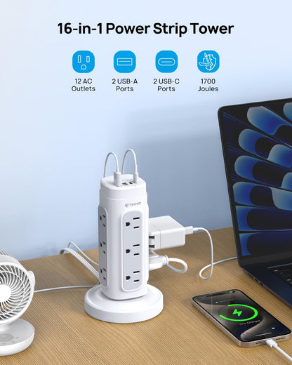 TROND Tower Power Bar Surge Protector with PD 20W USB C, 5ft Retractable Flat Plug Extension Cord Indoor, 12 Widely Spaced Outlets, Vertical Charging Station, Home Office Dorm Room Essentials, White - PuriLite