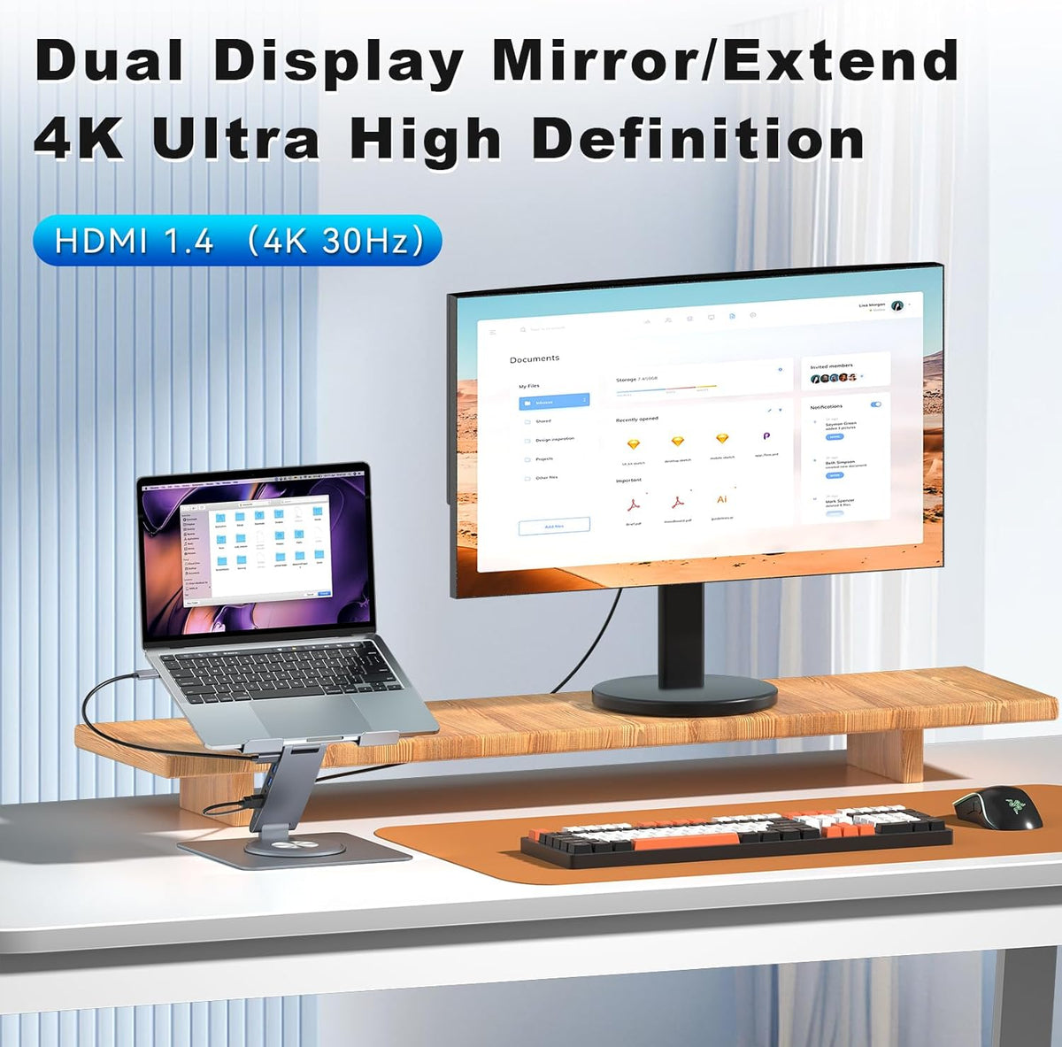 Laptop Docking Station Stand 8-in-1 – USB-C Hub with 4K HDMI Dual Display – 360° Swivel Aluminum Laptop Stand – USB 3.0 Data Ports – 3.5mm Audio Jack - PuriLite