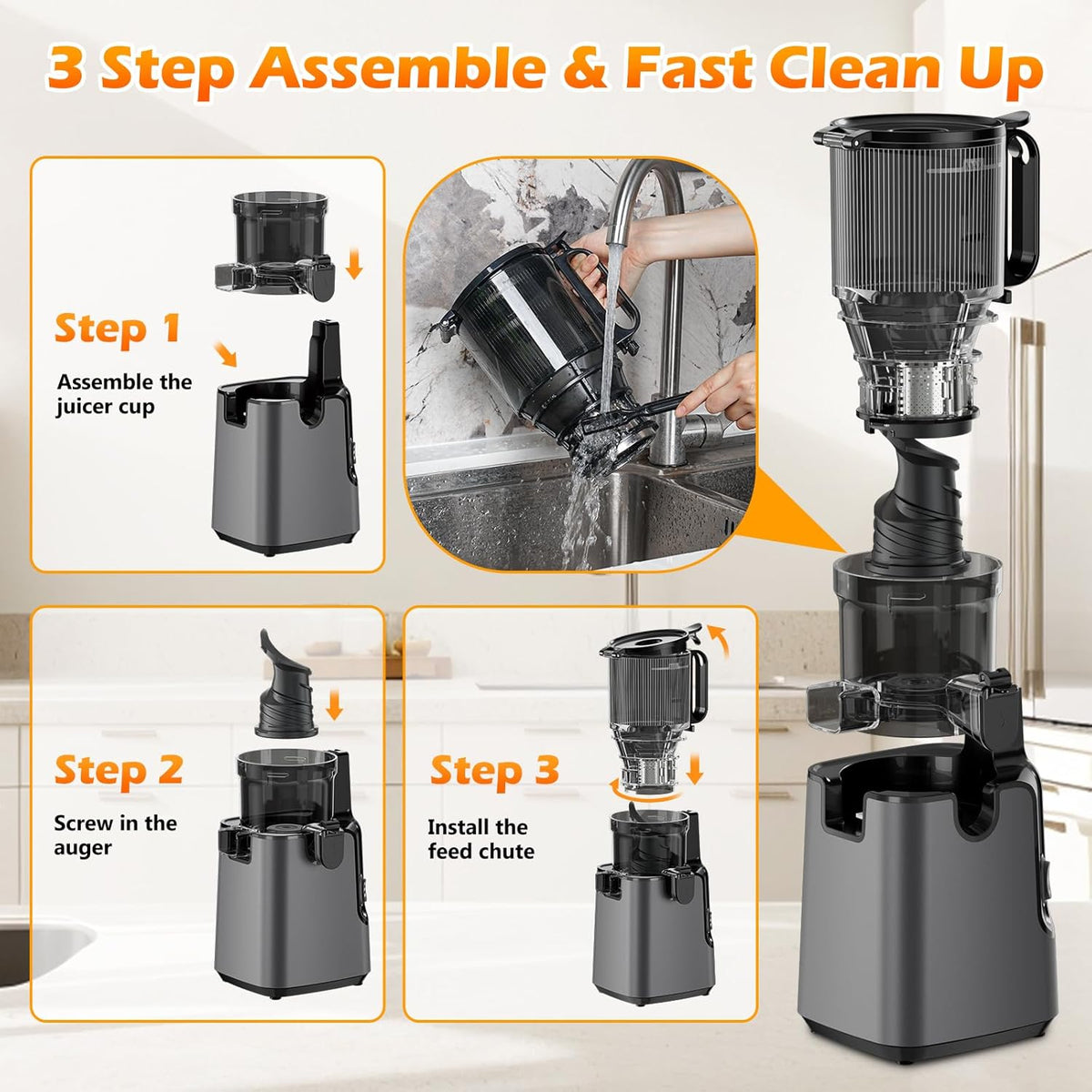 Juicer Machines with 5.8" Extra Large Feed Chute, Cold Press Juicer For Whole Vegetables and Fruits, 350W Professional Masticating juicer Easy to Clean for Batch Juicing (Titanium Gray) - PuriLite