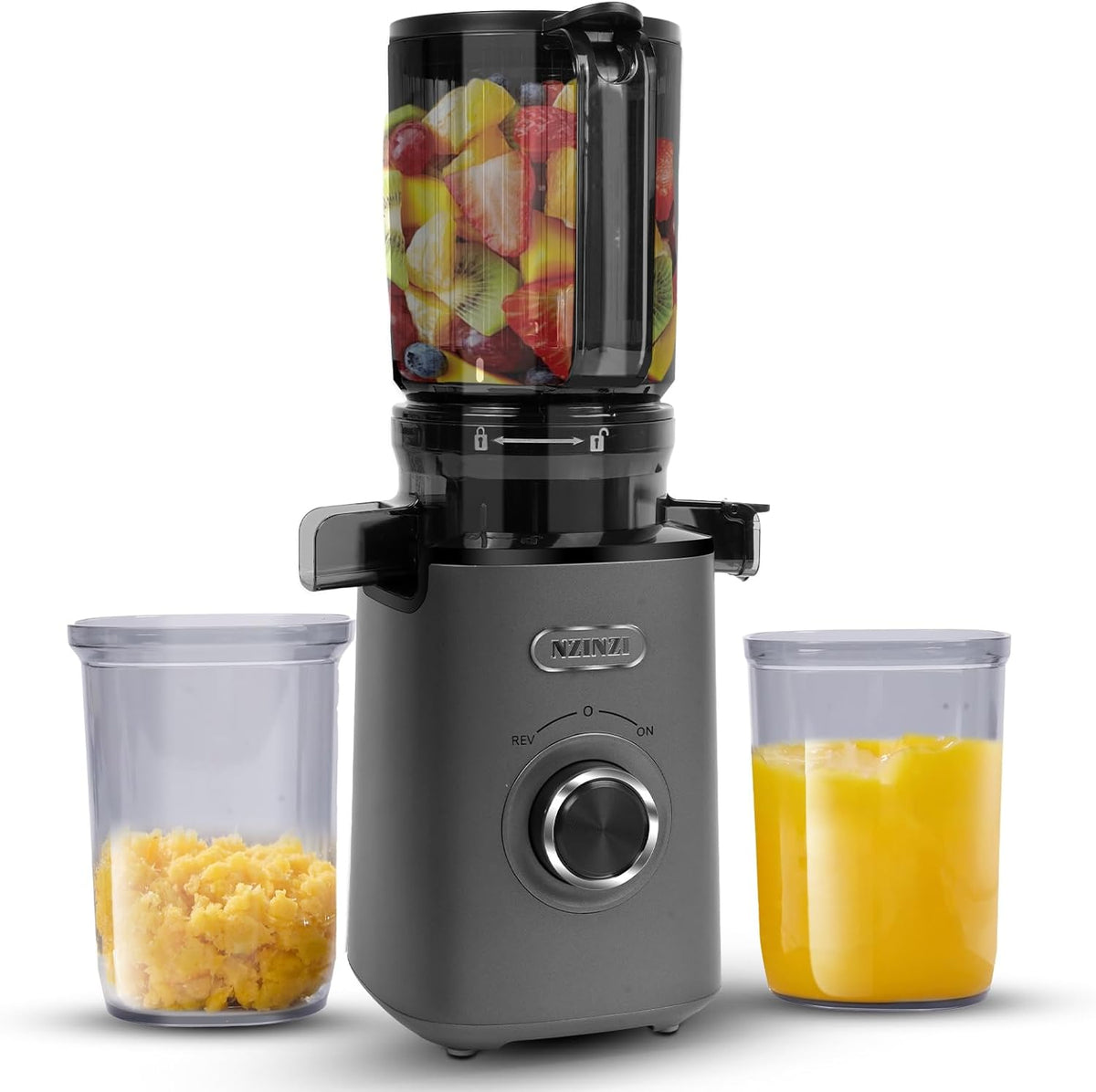 Cold Press Juicer, Slow Juicer Machine Easy to Clean, Self-Feeding Masticating Juicer with Large Feed Chute for Whole Fruits and Vegetables, High Juice Yield, Gray - PuriLite
