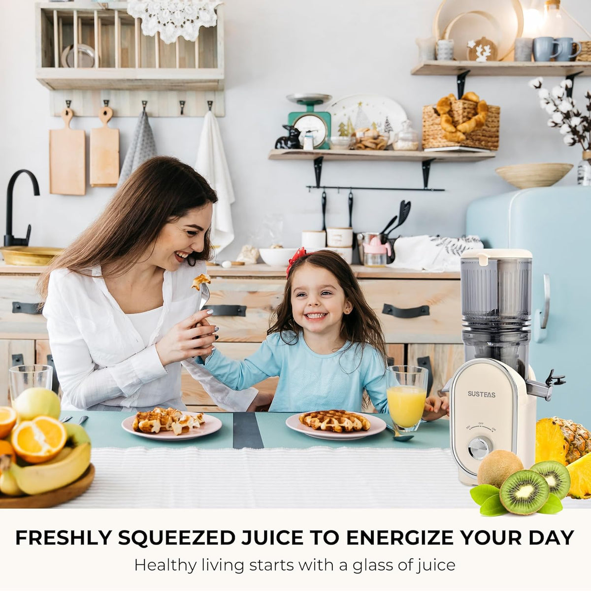 SUSTEAS Cold Press Juicer, 5.3" Feed Chute Slow Masticating Machines with 300W, Fit Whole Fruits & Vegetables, Easy to Clean, High Juice Yield, White - PuriLite