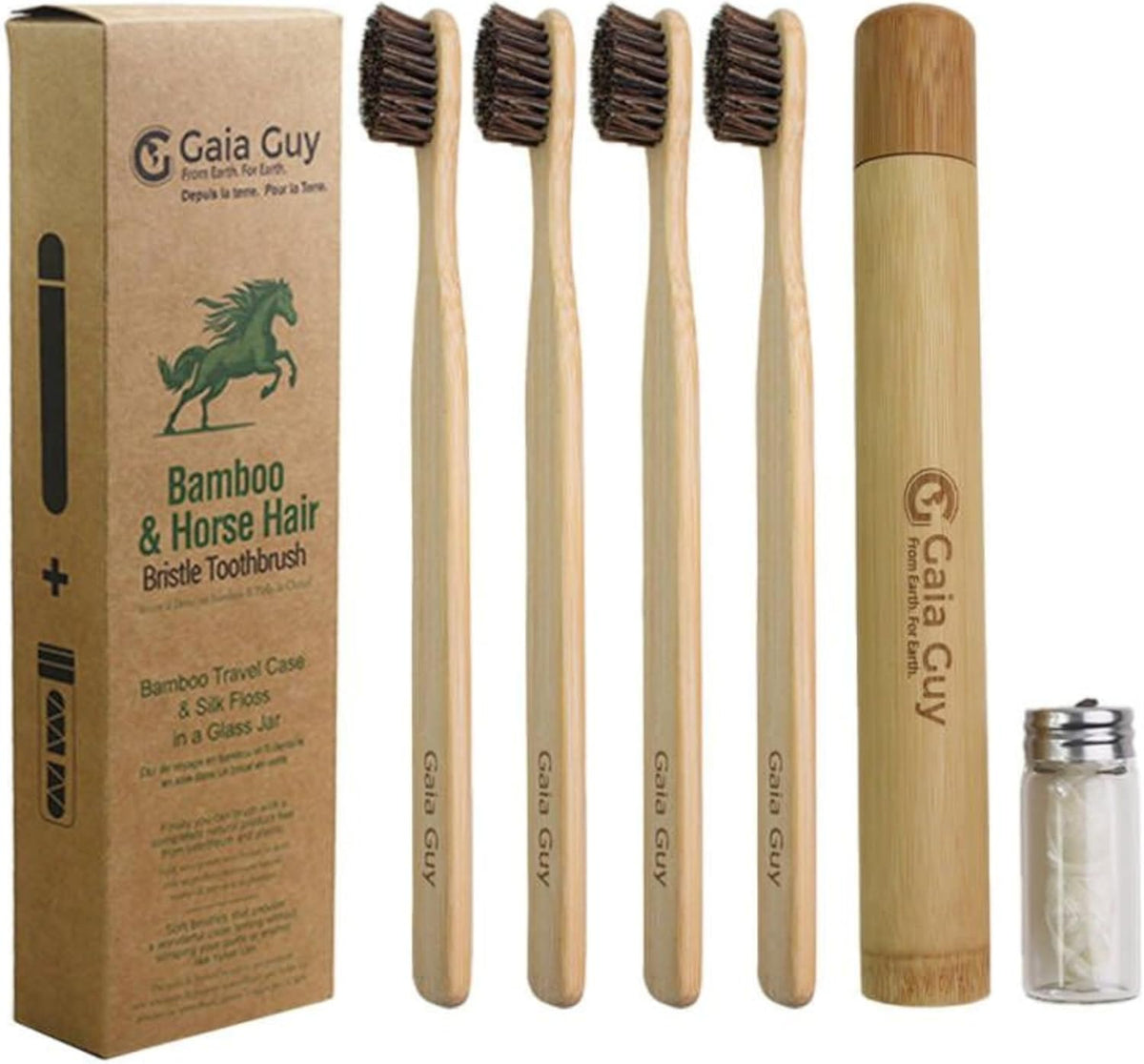 Gaia Guy Bamboo and Horsehair Bristle Toothbrush (4 Pack) + Travel Case & Silk Dental Floss | 100% Compostable Bristles and Floss | Eco-Friendly Dental Set | Biodegradable Wooden Toothbrushes - PuriLite