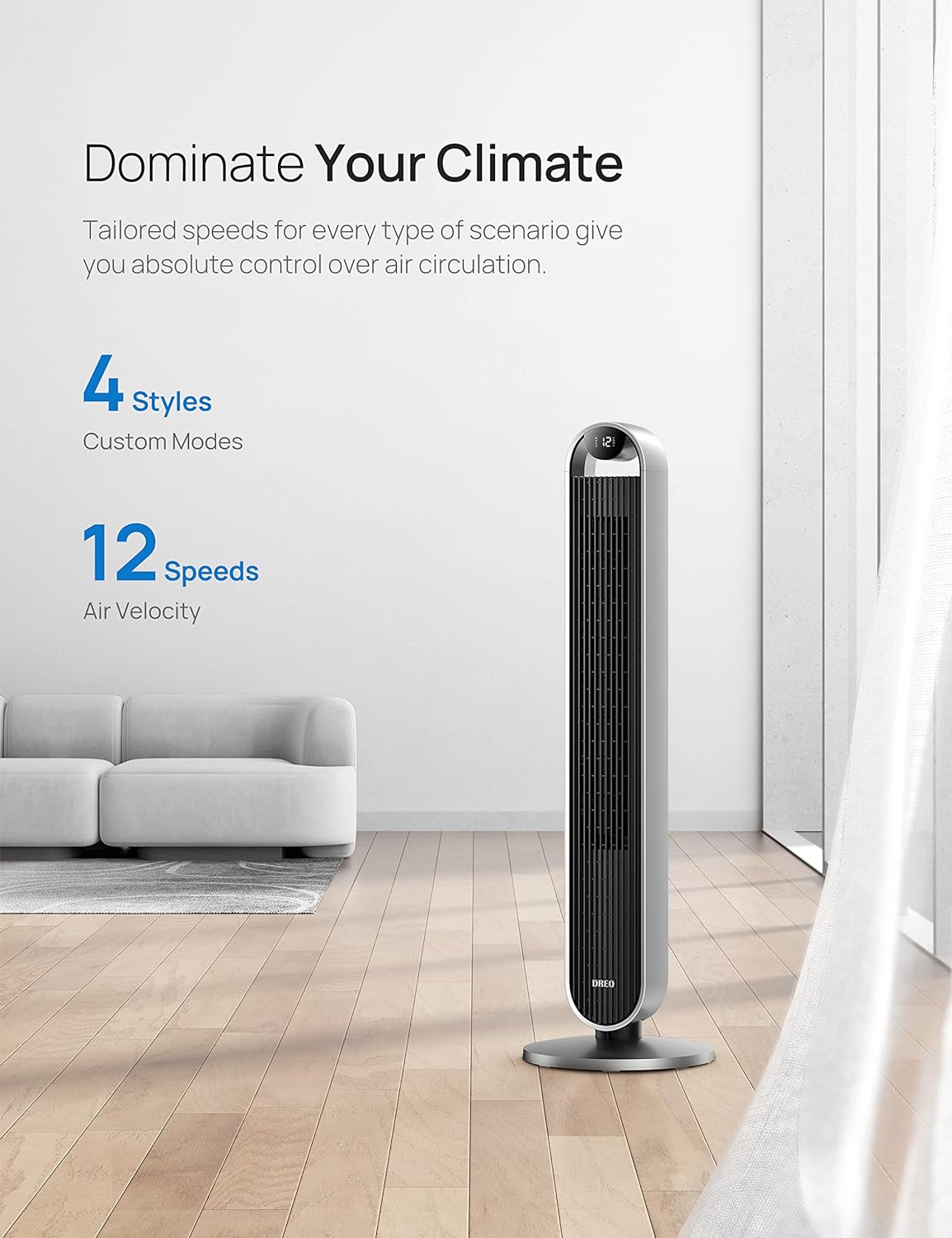 Dreo Pilot Max 120° Oscillating Tower Fan, 42 Inch Bladeless Fan for Bedroom, 25dB Quiet DC Motor, Standing Fan with Remote, 12 Hyper Wind Speeds, 4 Modes, 12H Timer Floor Fans for Home Living Room - PuriLite