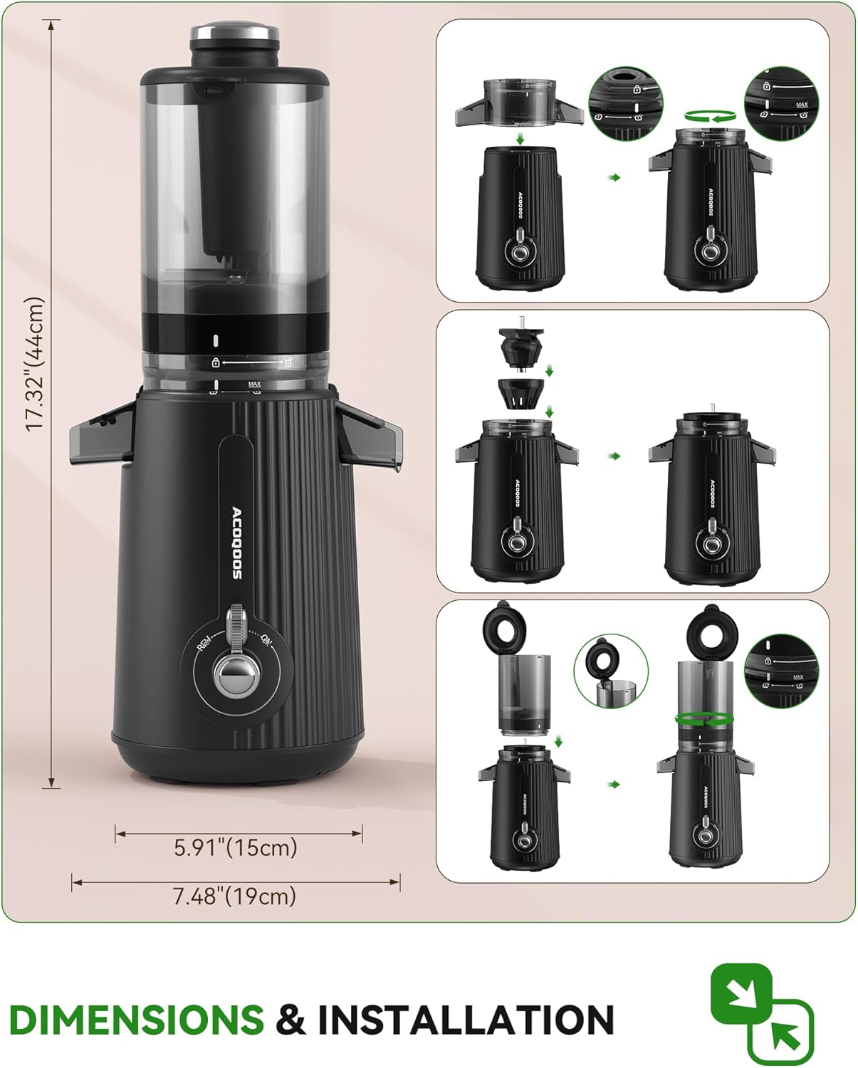ACOQOOS Juicer Machines, Cold Press Juicer Whole Fruit and Vegetable with 4.3" Feeding Chute, Easy to Clean Juicers with 2 Cups, Masticating Juicer Black - PuriLite