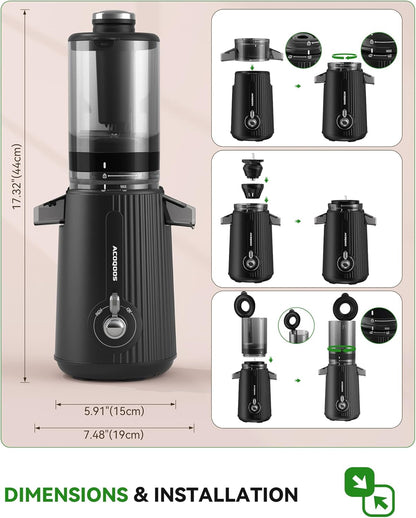 ACOQOOS Juicer Machines, Cold Press Juicer Whole Fruit and Vegetable with 4.3" Feeding Chute, Easy to Clean Juicers with 2 Cups, Masticating Juicer Black - PuriLite