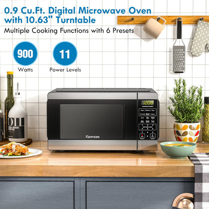 Kenmore KMCMWP09S2-09 Countertop Microwave 6 Auto-Preset Menus, Child Lock, Defrost & Express Cooking Features, 900 Watt, 0.9 Cu Ft, Stainless Steel - PuriLite