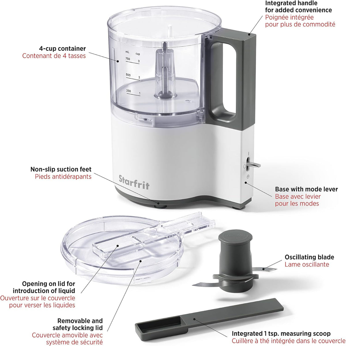 Starfrit Electric Oscillating Food Processor - 4 Cups - Measuring Spoon - High, Low & Pulse Modes - 300W - PuriLite
