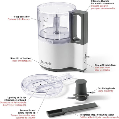 Starfrit Electric Oscillating Food Processor - 4 Cups - Measuring Spoon - High, Low & Pulse Modes - 300W - PuriLite