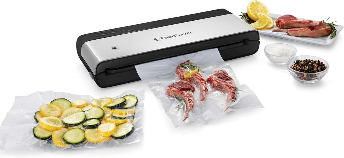 FoodSaver PowerVac Compact Vacuum Sealer Machine with Vertical Storage, 5 Vacuum Seal Bags & 1 Roll, Stainless Steel - VS0150 - PuriLite