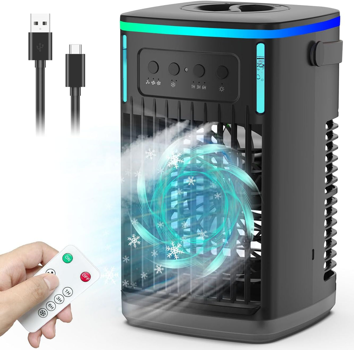 4 in 1 Portable Air Conditioners Fan with Remote,1500ml Water Tank, 3 Wind Speeds, 1-6H Timer, 2 Cool Mist, Personal AC Mini Air Conditioner for Room Bedroom Office Camping (Black) - PuriLite