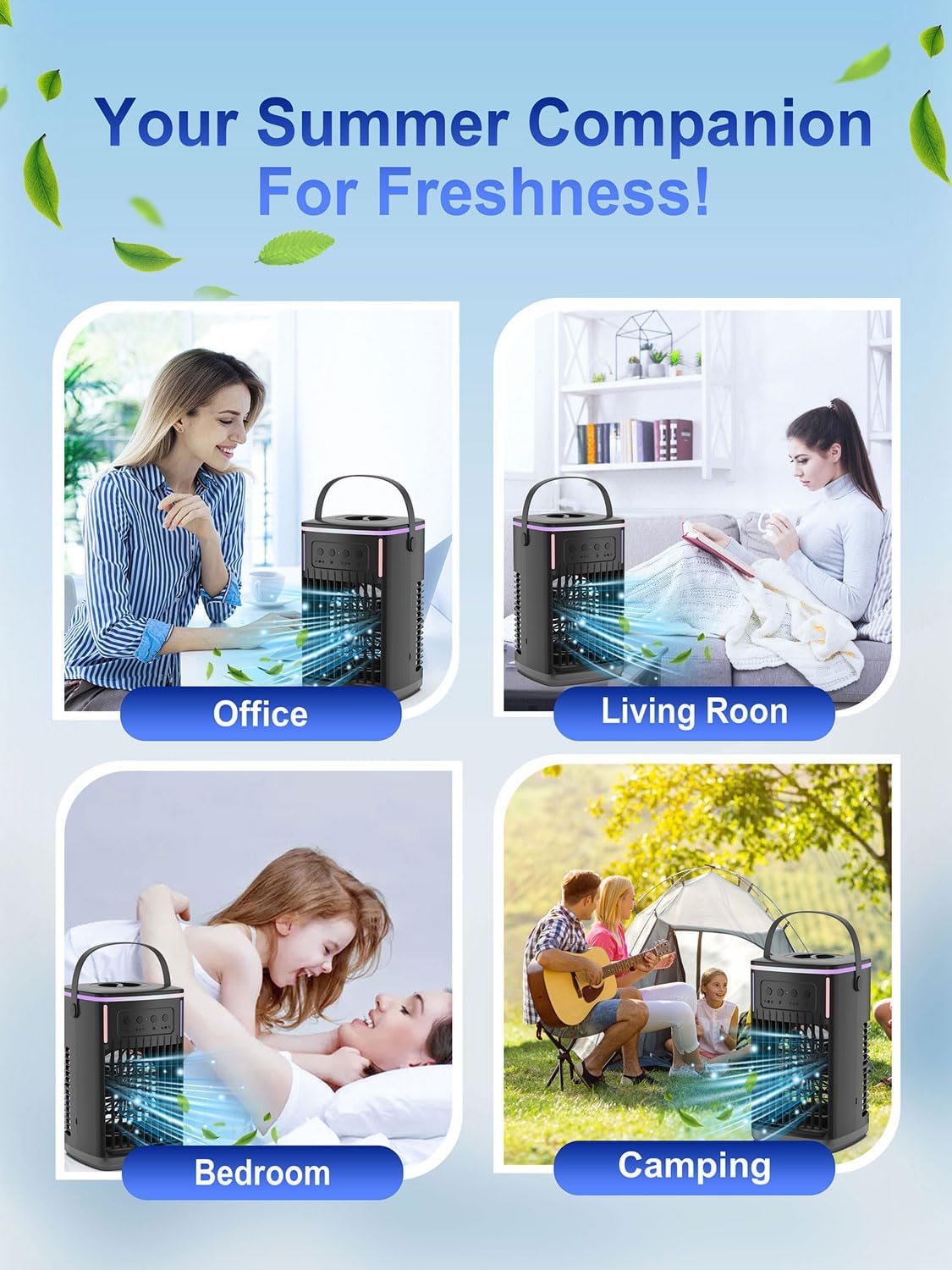 4 in 1 Portable Air Conditioners Fan with Remote,1500ml Water Tank, 3 Wind Speeds, 1-6H Timer, 2 Cool Mist, Personal AC Mini Air Conditioner for Room Bedroom Office Camping (Black) - PuriLite