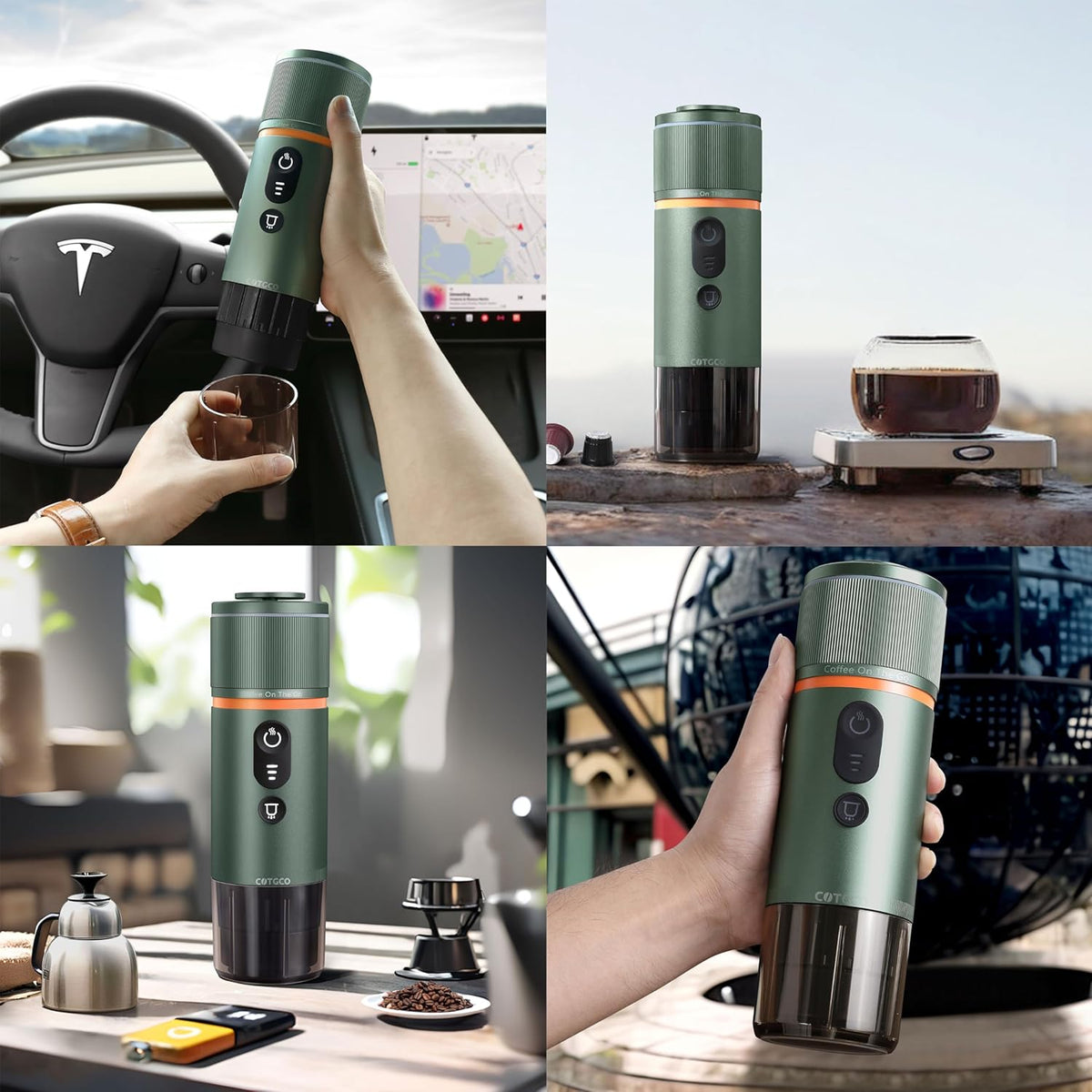 COTGCO Portable Espresso Coffee Machine: 12V Electric Travel Expresso Maker - Self Heating 8 Cups Battery Powered Compatible for Nespresso Capsule - for Camping Travel RV Hiking (Forest Green) - PuriLite