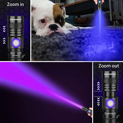 DARKBEAM UV Flashlight 365nm & 395nm Blacklight Rechargeable USB, Wood’s Lamp Ultraviolet Black Light LED Portable with Clip - Detector for Pet Cat Urine, Stains, Resin Curing, Uranium Glass, 2 Pack - PuriLite