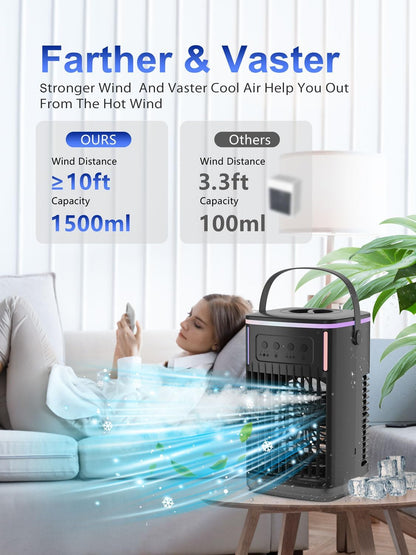 4 in 1 Portable Air Conditioners Fan with Remote,1500ml Water Tank, 3 Wind Speeds, 1-6H Timer, 2 Cool Mist, Personal AC Mini Air Conditioner for Room Bedroom Office Camping (Black) - PuriLite