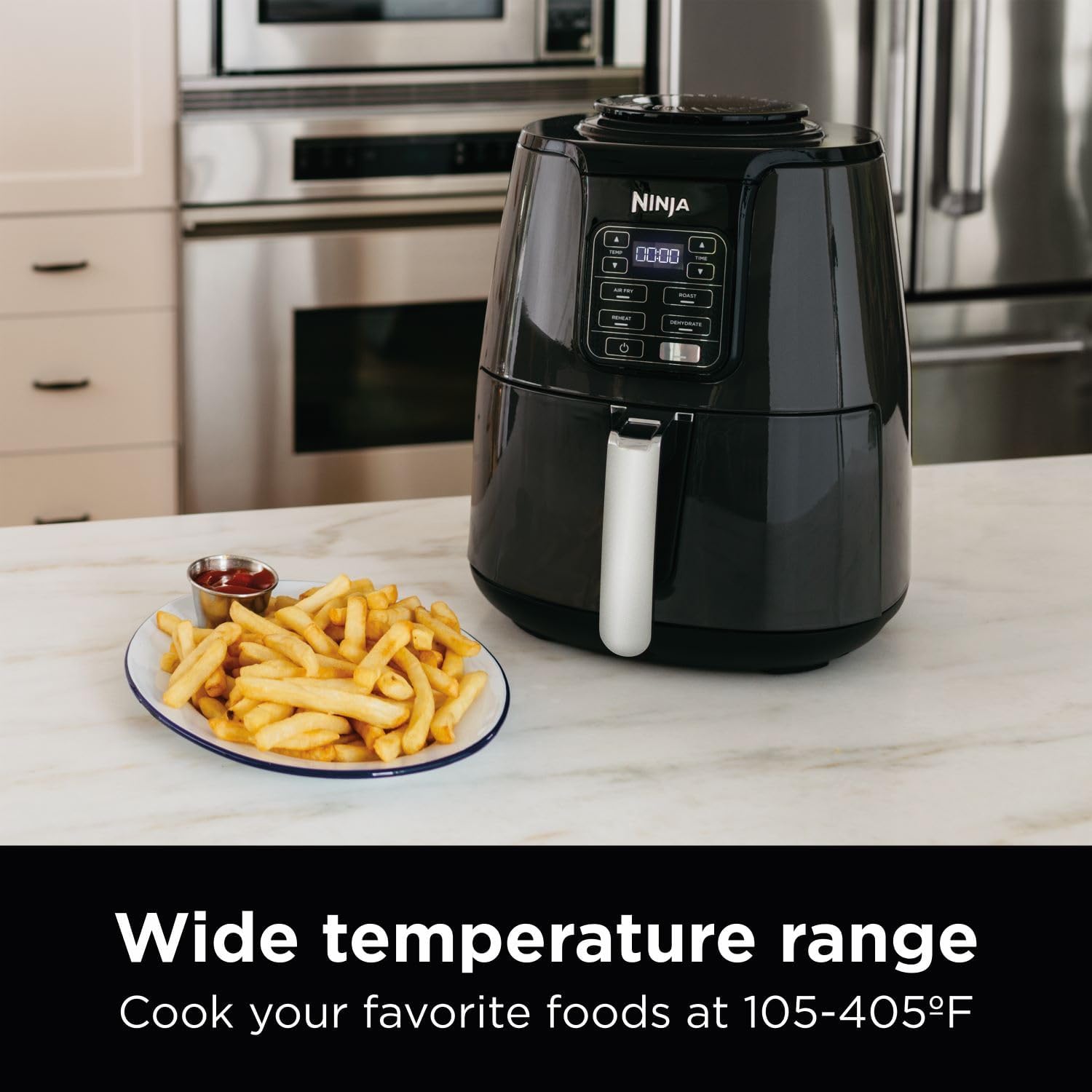 Ninja Air Fryer, 1550-Watt Programmable Base for Air Frying, Roasting, Reheating & Dehydrating with 4-Quart Ceramic Coated Basket (AF101), Black/Gray - PuriLite