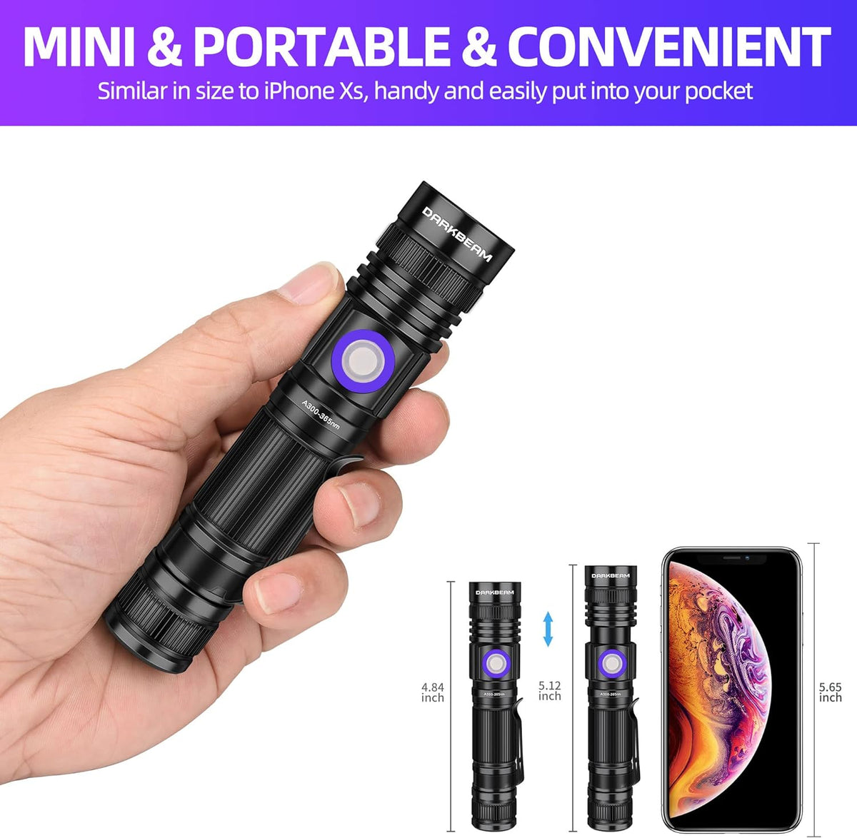 DARKBEAM UV Flashlight 365nm & 395nm Blacklight Rechargeable USB, Wood’s Lamp Ultraviolet Black Light LED Portable with Clip - Detector for Pet Cat Urine, Stains, Resin Curing, Uranium Glass, 2 Pack - PuriLite