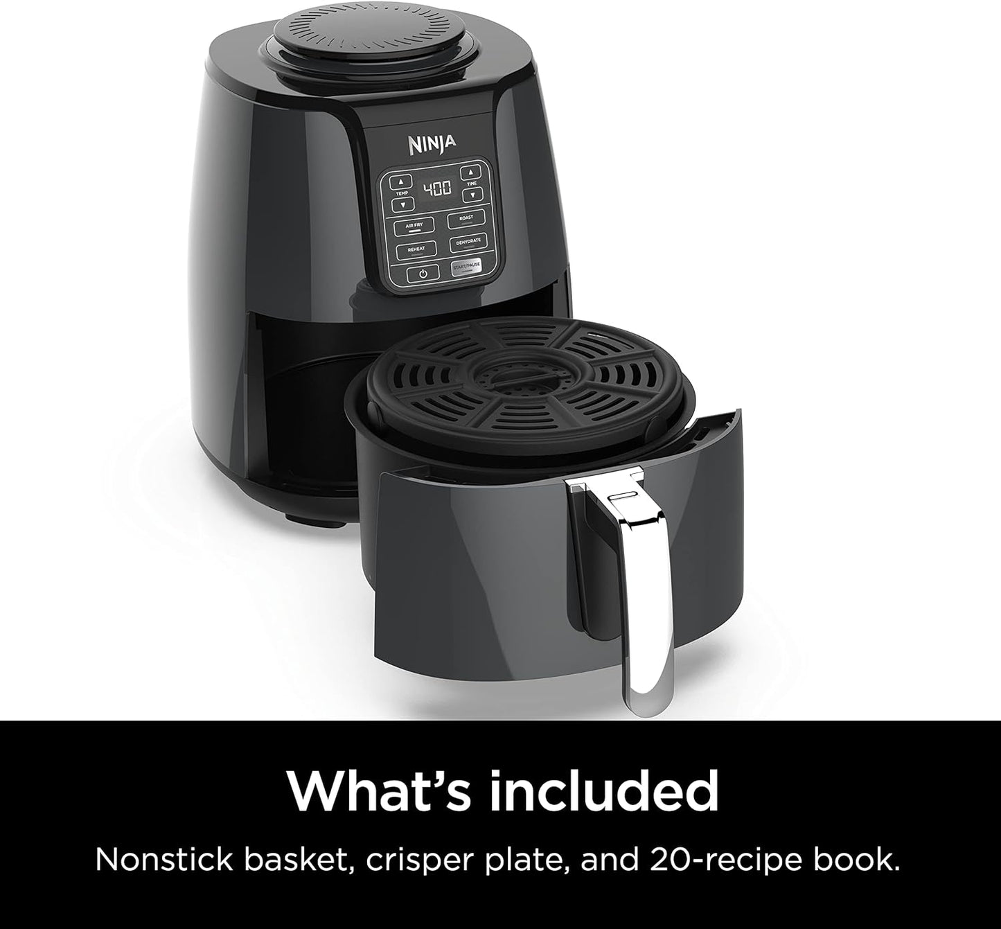 Ninja Air Fryer, 1550-Watt Programmable Base for Air Frying, Roasting, Reheating & Dehydrating with 4-Quart Ceramic Coated Basket (AF101), Black/Gray - PuriLite