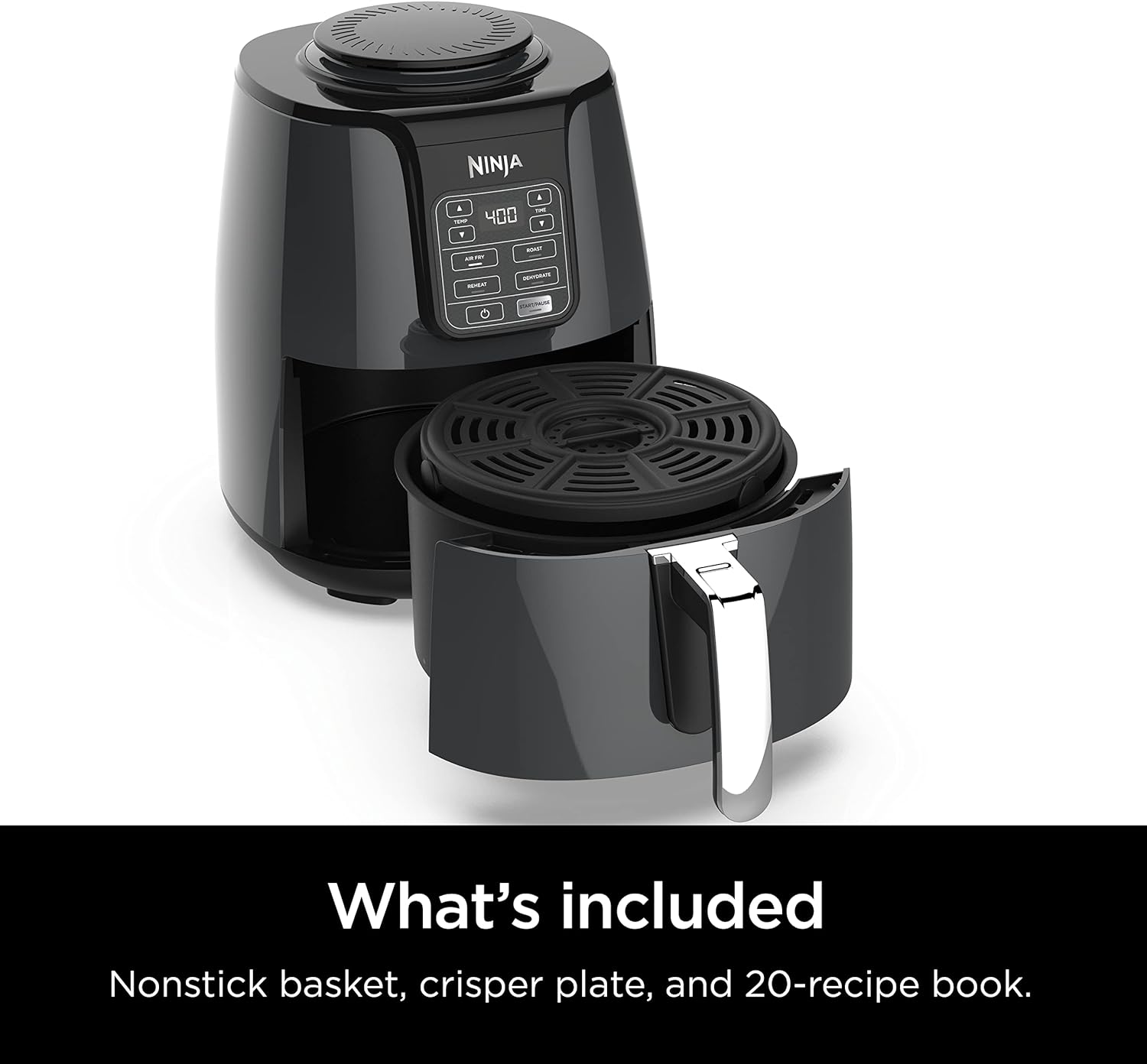 Ninja Air Fryer, 1550-Watt Programmable Base for Air Frying, Roasting, Reheating & Dehydrating with 4-Quart Ceramic Coated Basket (AF101), Black/Gray - PuriLite