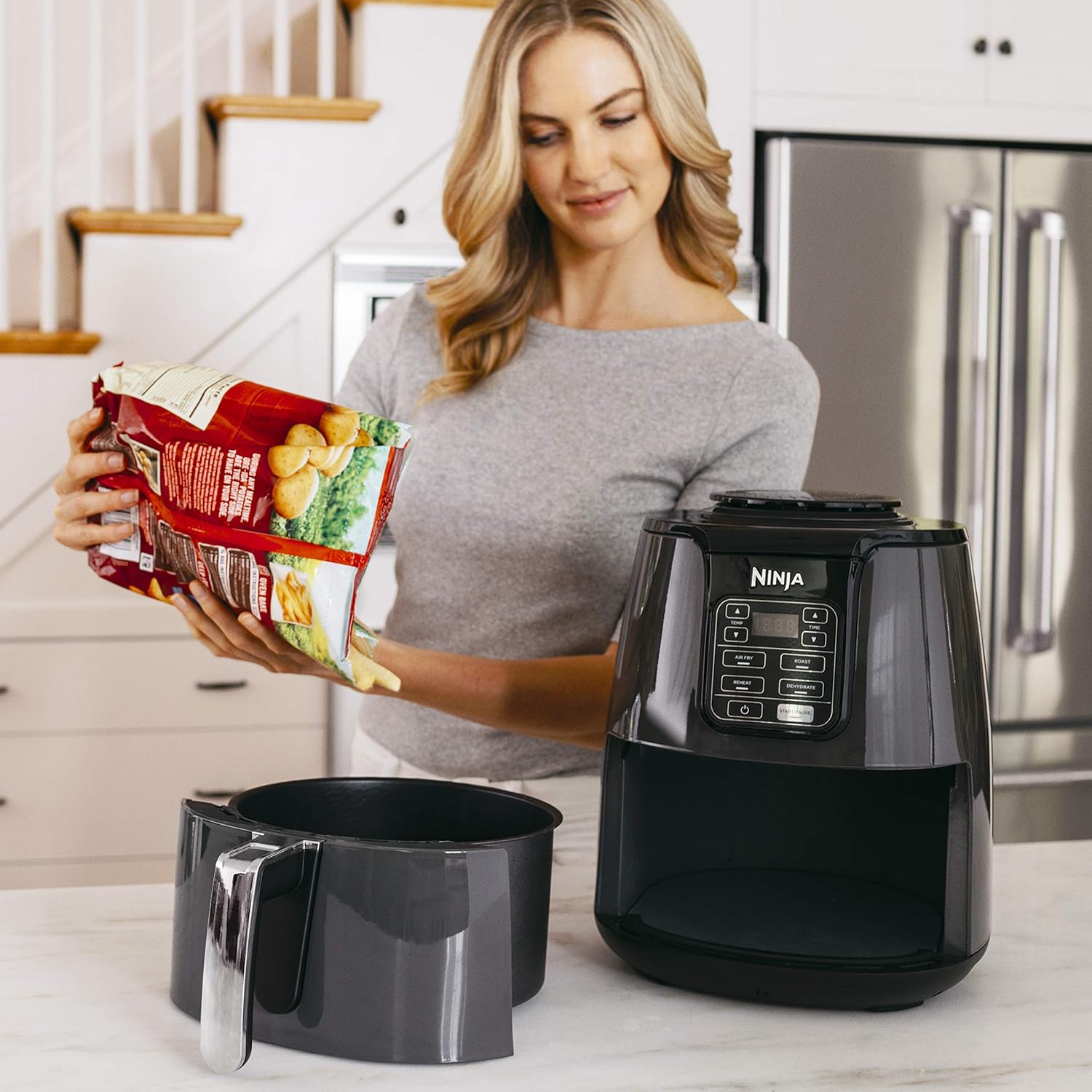 Ninja Air Fryer, 1550-Watt Programmable Base for Air Frying, Roasting, Reheating & Dehydrating with 4-Quart Ceramic Coated Basket (AF101), Black/Gray - PuriLite