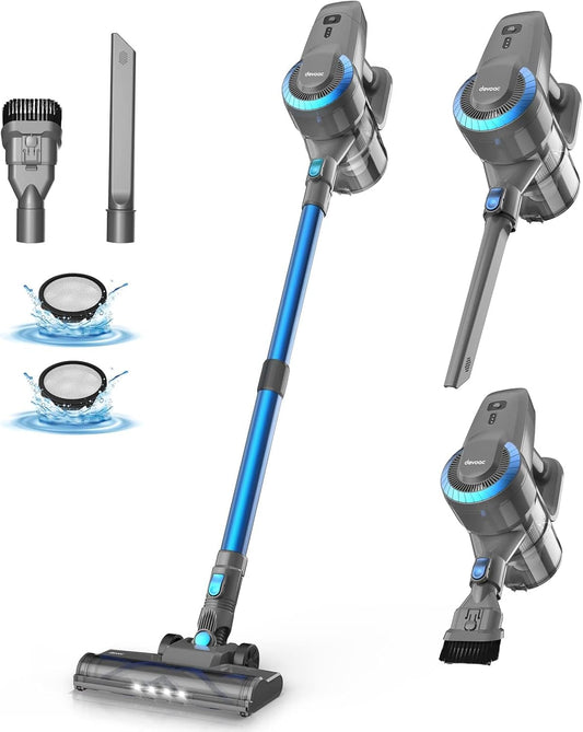 DEVOAC N300 Cordless Vacuum Cleaner, 6 in 1 Lightweight Stick Vacuum, 2200mAh Battery Up to 40mins Runtime, Powerful Handheld Vacuum for Hard Floor Rug Pet Hair Home Dorm (Blue) - PuriLite