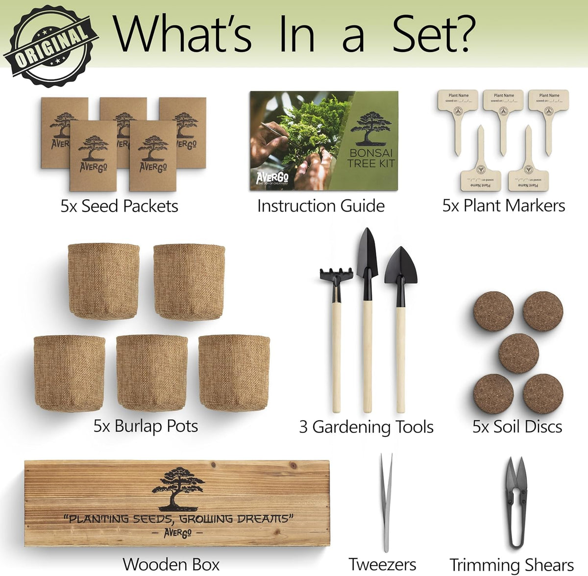 Avergo Bonsai Tree Kit – 5X Unique Japanese Bonzai Trees | Complete Indoor Bonsai Starter Kit for Growing Bonsai Plants with Tools & Planters – Gardening Gifts for Women & Men - PuriLite