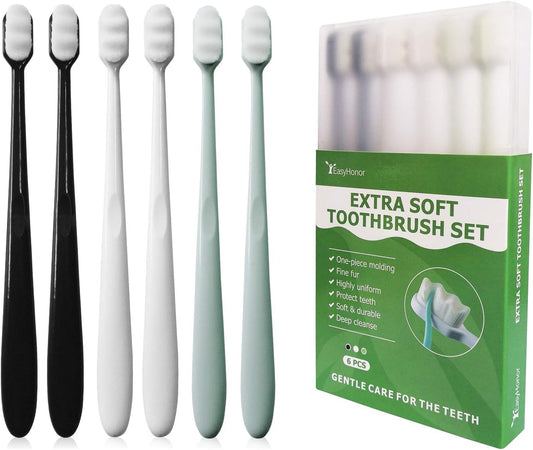 EasyHonor Extra Soft Toothbrush For Sensitive Gums, Micro-Nano Manual Toothbrush with 20000 Soft Floss Bristles 6 packs(white bristles) - PuriLite