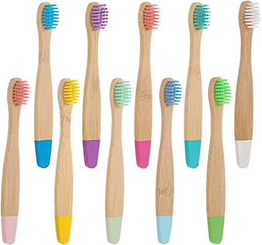 Bamboo Toothbrush, Charcoal Tooth Brush, Natural Wooden Toothbrushes, Soft Bristles Toothbrushes for Kids (Mixed Colors)10 Pcs - PuriLite