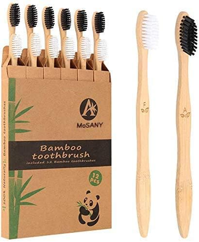 12 pack Bamboo Toothbrushes, Biodegradable Bamboo Toothbrush, BPA Free Soft Bristles Toothbrushes, Eco-Friendly Compostable Natural Wooden Toothbrush, Organic Charcoal Wood ToothBrushes (Black + White) - PuriLite