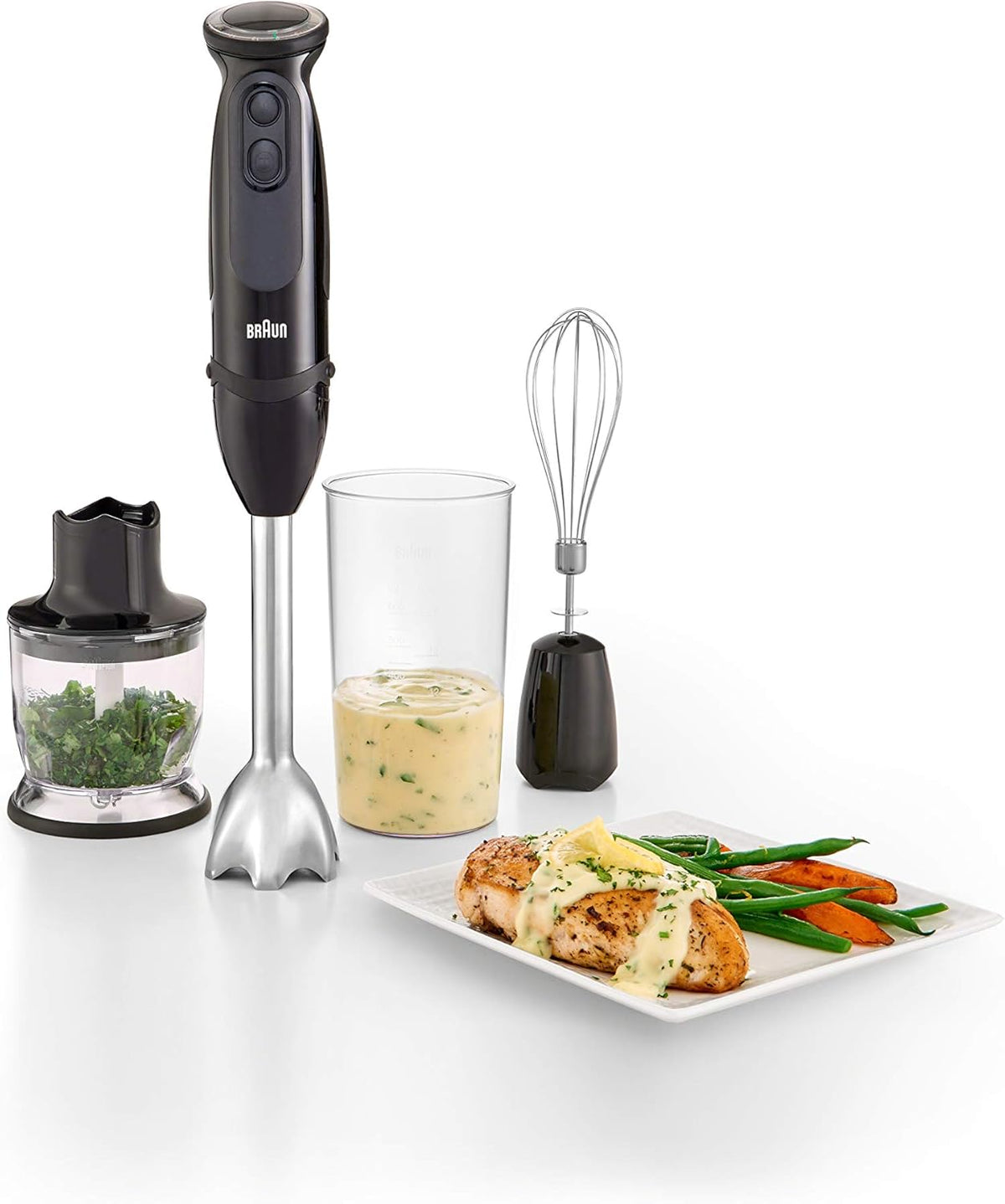 Braun MultiQuick 5 Vario Immersion Hand Blender - World's First Technology - Powerful 400 Watt Motor - Vario Speed - Includes Blending Wand, Beaker, Whisk and 1.5c Chopper, MQ5025BK, Black - PuriLite