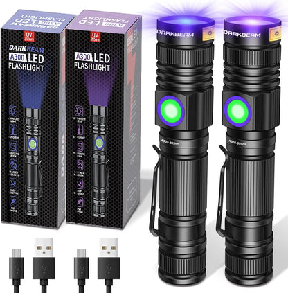 DARKBEAM UV Flashlight 365nm & 395nm Blacklight Rechargeable USB, Wood’s Lamp Ultraviolet Black Light LED Portable with Clip - Detector for Pet Cat Urine, Stains, Resin Curing, Uranium Glass, 2 Pack - PuriLite