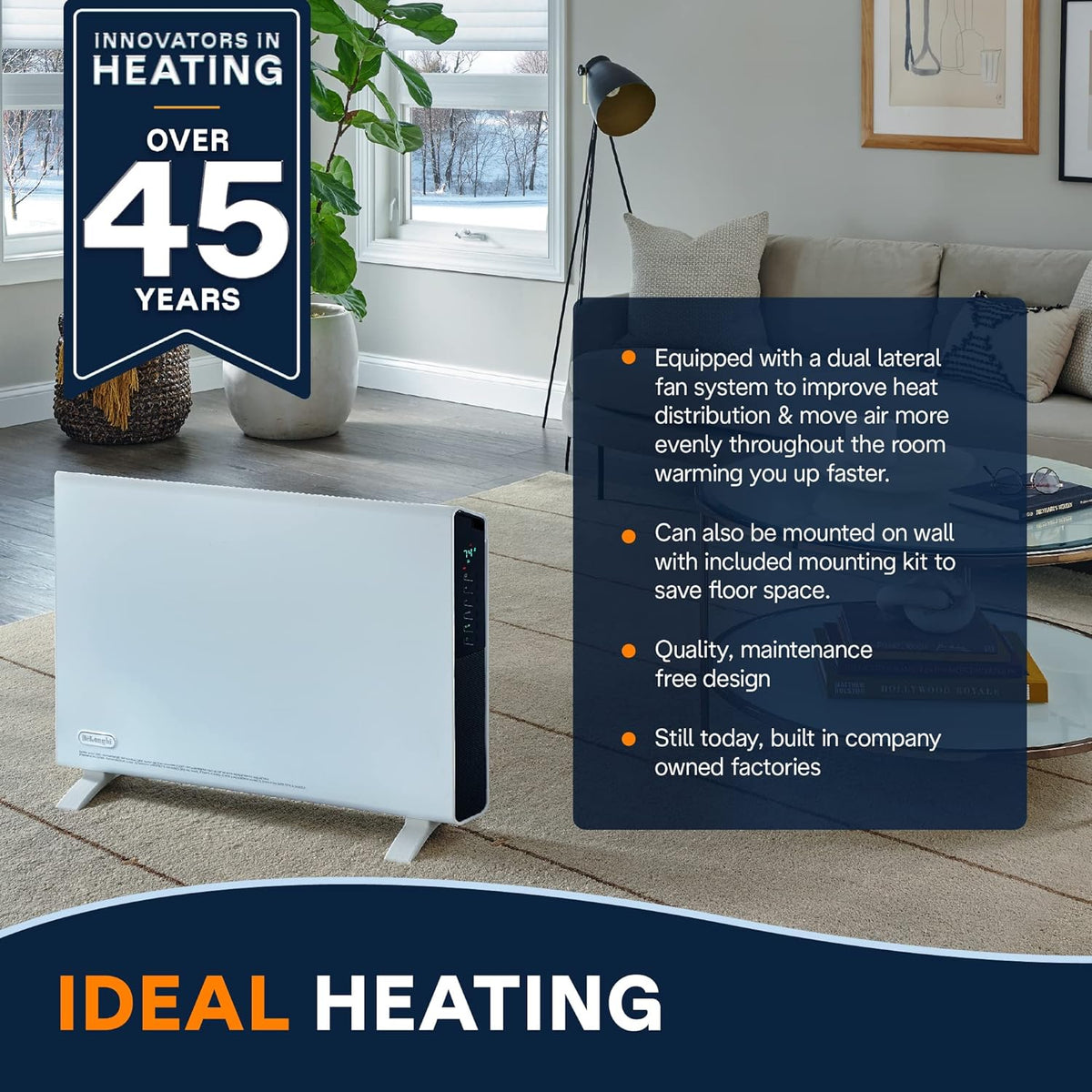 De'Longhi Convector Panel Heater, Full Room Quiet 1500W, Freestanding / Easy Install Wall Mount, LED Digital Display, Adjustable Thermostat, Timer, Eco Energy Saving Mode, White, Slim Style HCX9115ECA - PuriLite