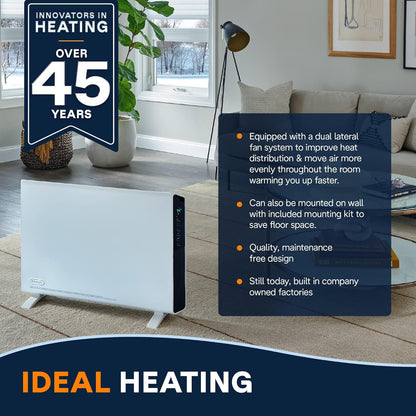 De'Longhi Convector Panel Heater, Full Room Quiet 1500W, Freestanding / Easy Install Wall Mount, LED Digital Display, Adjustable Thermostat, Timer, Eco Energy Saving Mode, White, Slim Style HCX9115ECA - PuriLite