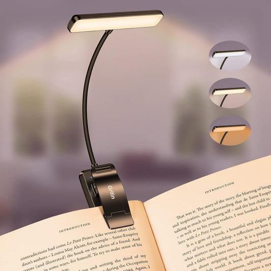 Gritin 19 LED Rechargeable Book Light for Reading in Bed with Memory Function- Eye Caring 3 Color Temperatures,Stepless Dimming Brightness,80 Hrs Runtime Lightweight Clip On Light for Book Lovers - PuriLite