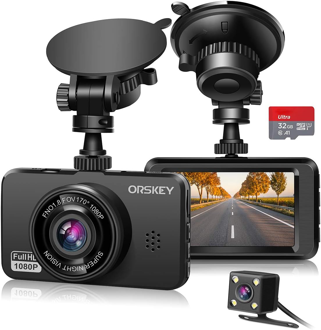 ORSKEY Dash Cam for Cars Front and Rear and SD Card Included 1080P Full HD in Car Camera Dual Lens Dashcam for Cars 170 Wide Angle with Loop Recording and G-Sensor - PuriLite