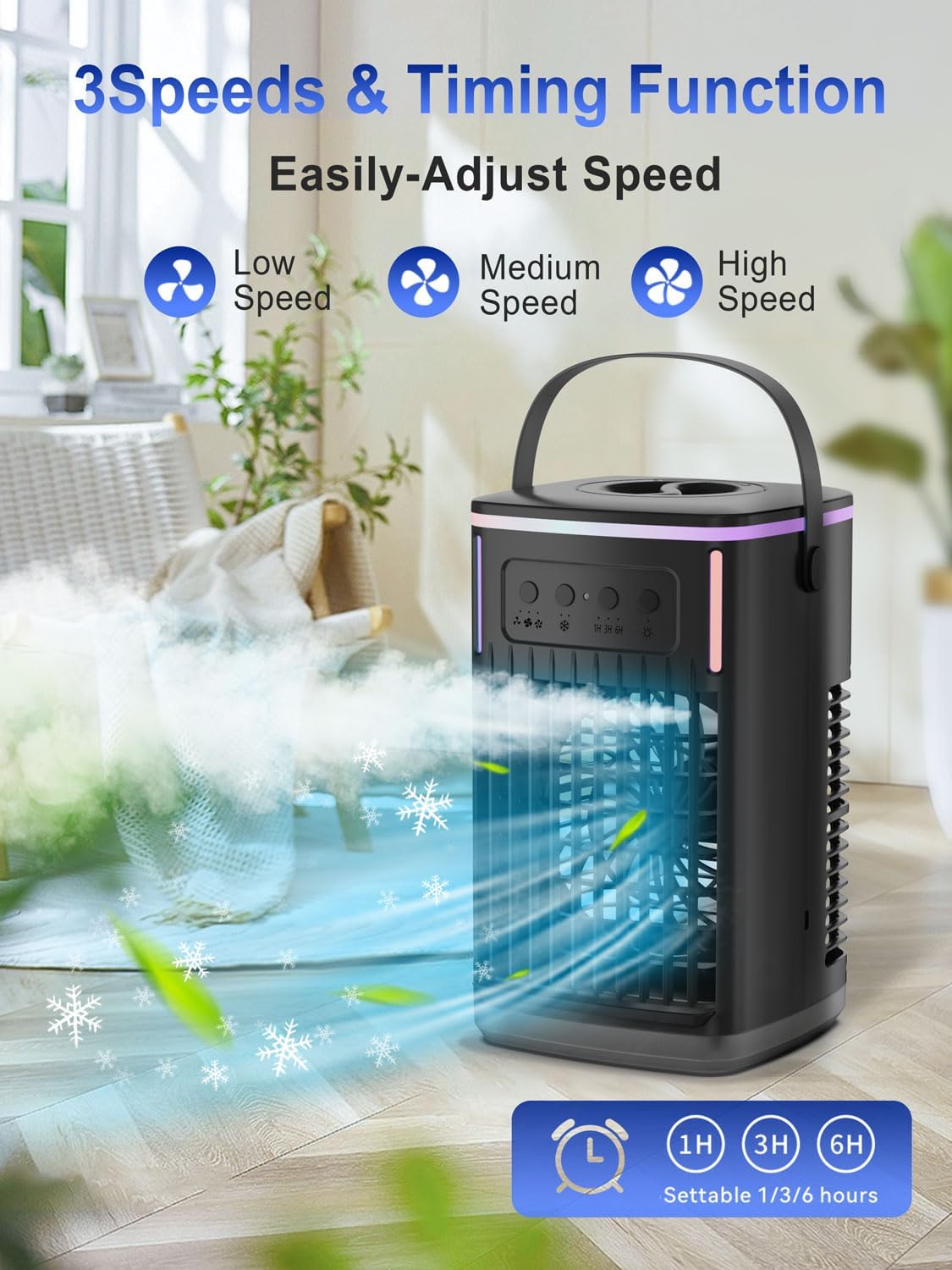 4 in 1 Portable Air Conditioners Fan with Remote,1500ml Water Tank, 3 Wind Speeds, 1-6H Timer, 2 Cool Mist, Personal AC Mini Air Conditioner for Room Bedroom Office Camping (Black) - PuriLite