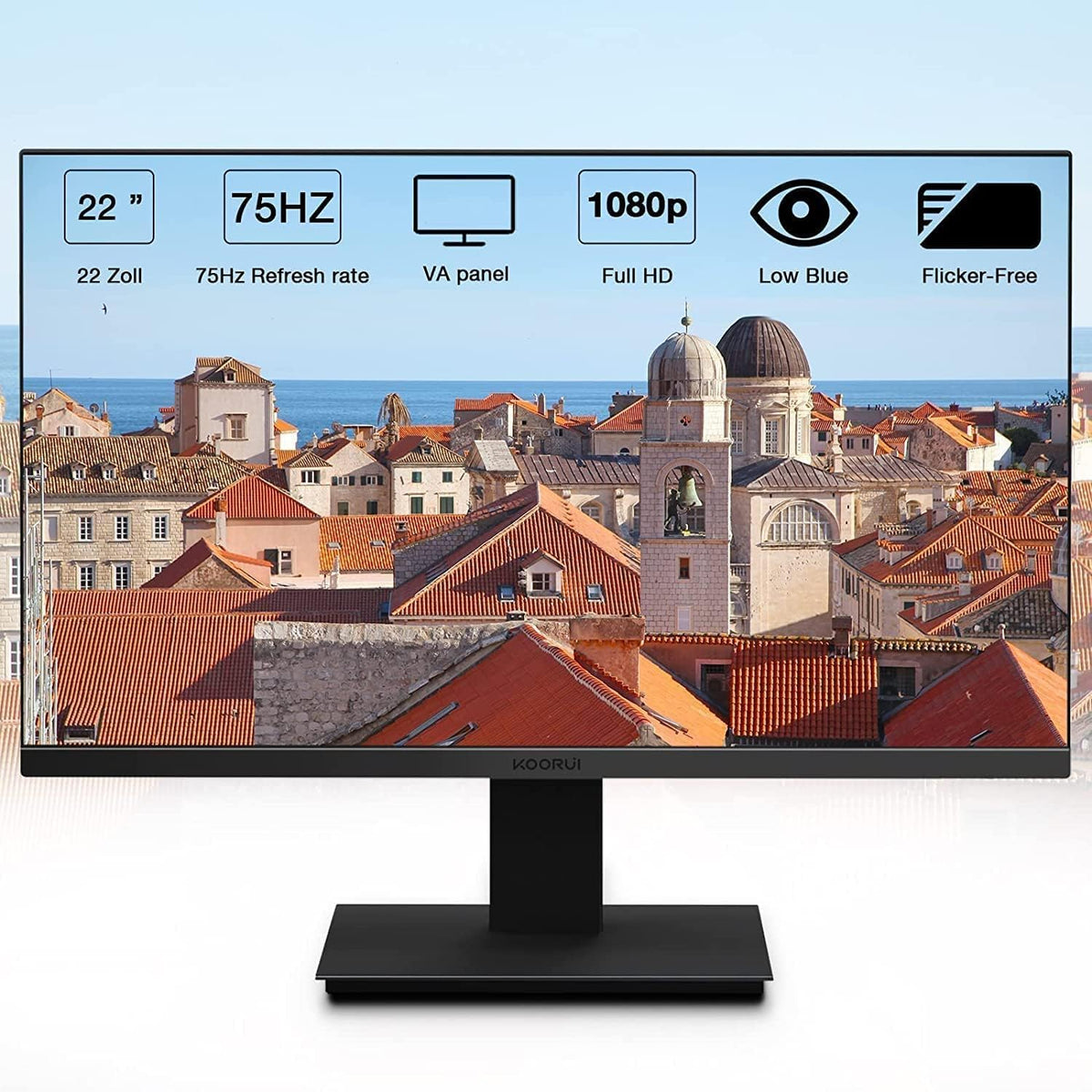 KOORUI 22 Inch Computer Monitor, FHD 1080P VA Desktop Display, 75HZ Ultra Thin Bezel/Eye Care/Ergonomic Tilt, HDMI VGA Ports LED Monitor for PC, VESA Mounting - PuriLite