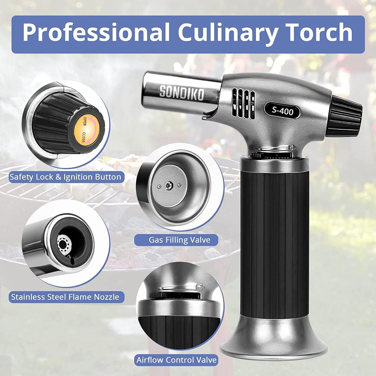 Sondiko Butane Torch Lighter, Soldering Torch, Refillable Kitchen Torch, Cooking Torch with Safety Lock, Adjustable Flame Blow Torch for Creme Brulee, Welding and Baking(Butane Gas is Not Included) - PuriLite