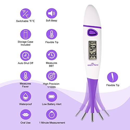 Easy@Home Digital Basal Body Thermometer: Accurate Oral Temperature BBT Thermometer with Premom Fertility Tracker App - 1/100th Degree High Precision | EBT-018 Purple - PuriLite