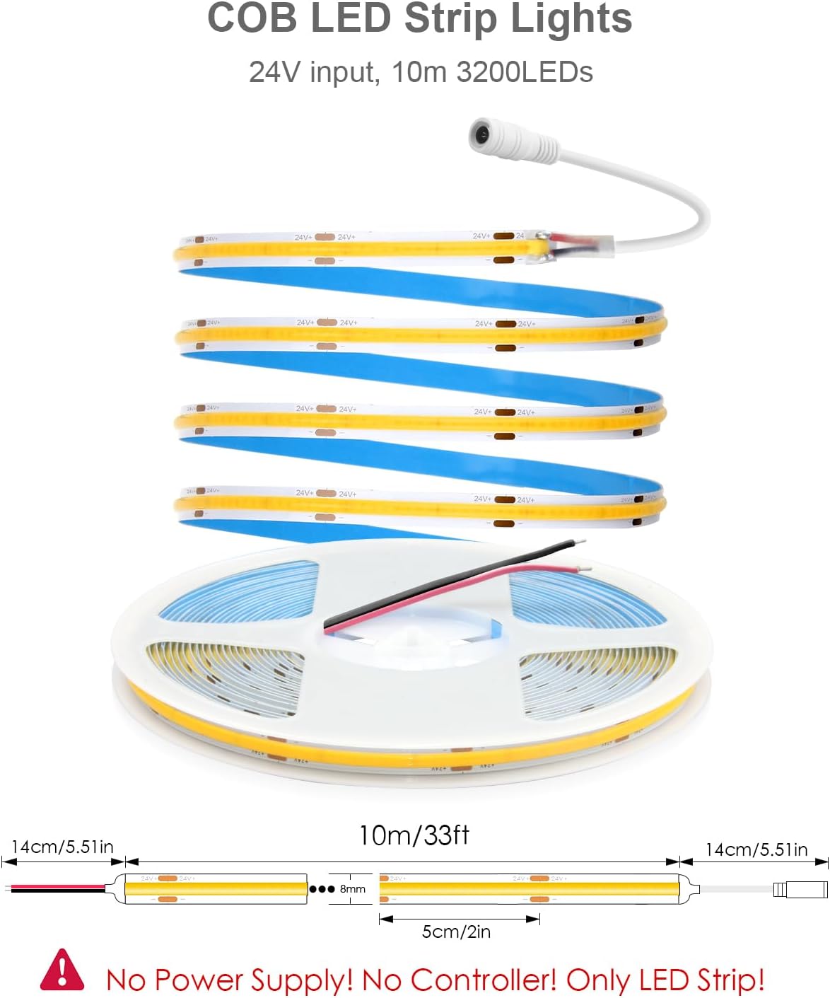 ALITOVE 24V COB LED Strip Lights Warm White 3000K Uniform Glow LED Tape Light 32.8ft 3200 LEDs High Density 320leds/M CRI90 Flexible Dimmable LED Lights for Bedroom Home Cabinet Indoor Decoration - PuriLite